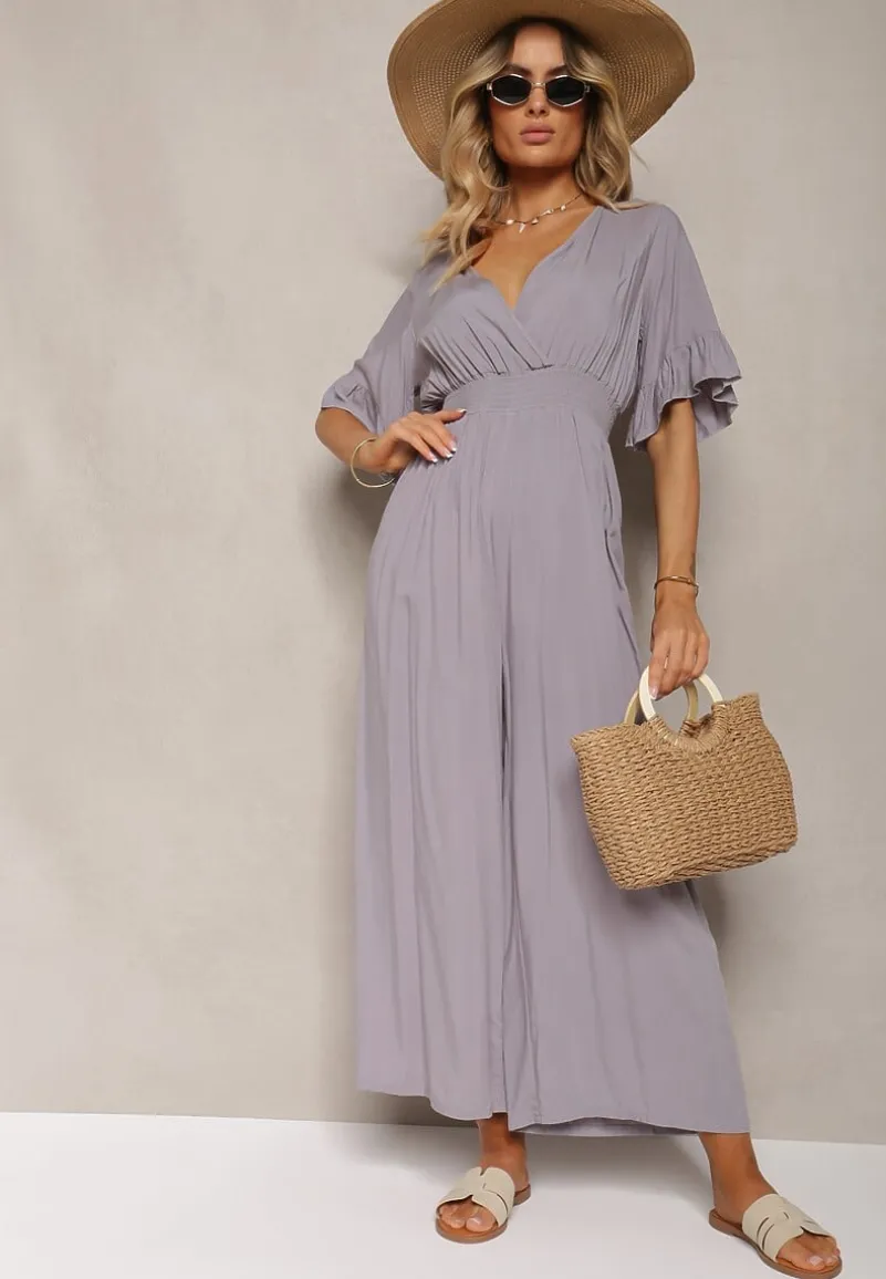 Szary Kombinezon z Bawełny z Gumką w Talii i Dekoltem w Szpic Tesaoona