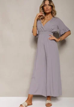 Szary Kombinezon z Bawełny z Gumką w Talii i Dekoltem w Szpic Tesaoona