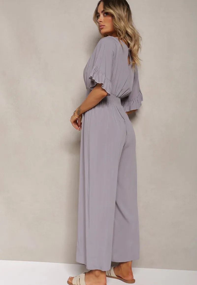 Szary Kombinezon z Bawełny z Gumką w Talii i Dekoltem w Szpic Tesaoona