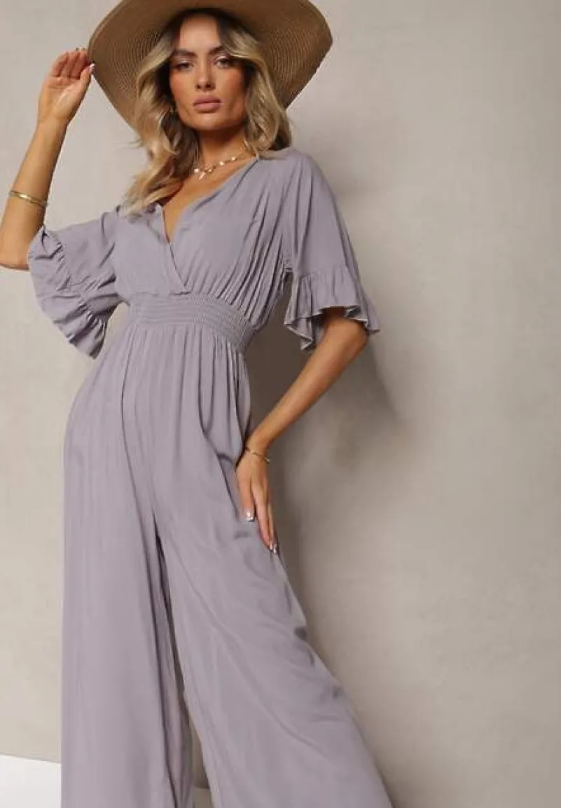 Szary Kombinezon z Bawełny z Gumką w Talii i Dekoltem w Szpic Tesaoona