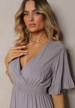 Szary Kombinezon z Bawełny z Gumką w Talii i Dekoltem w Szpic Tesaoona