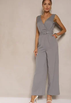 Szary Kombinezon z Długimi Spodniami Kopertowy z Paskiem w Talii Ronasia