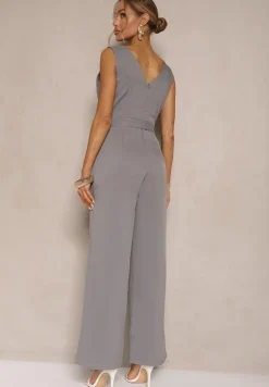 Szary Kombinezon z Długimi Spodniami Kopertowy z Paskiem w Talii Ronasia