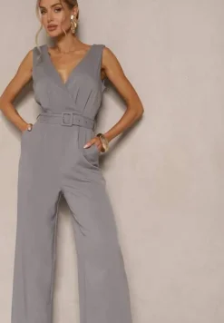Szary Kombinezon z Długimi Spodniami Kopertowy z Paskiem w Talii Ronasia