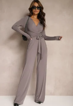 Szary Kombinezon z Kopertowym Dekoltem Ivemie