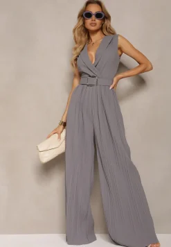 Szary Kombinezon z Trójkątnym Dekoltem i Szerokimi Plisowanymi Nogawkami z Paskiem Moncilla