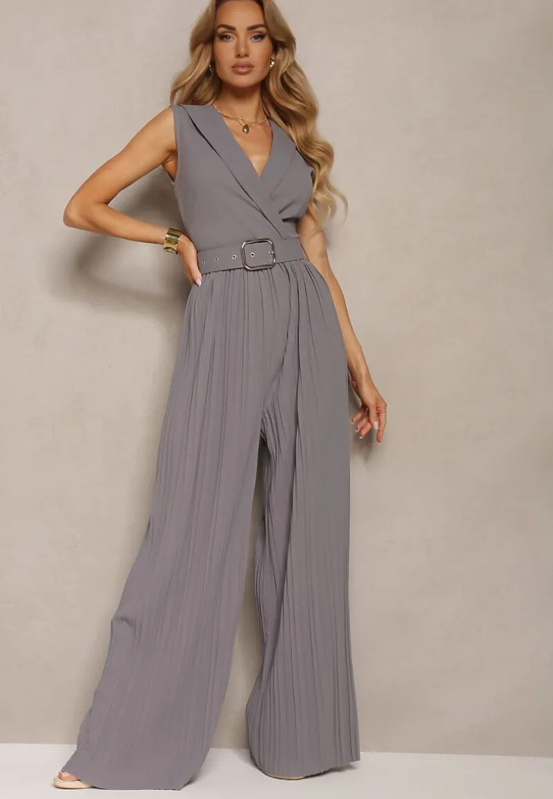 Szary Kombinezon z Trójkątnym Dekoltem i Szerokimi Plisowanymi Nogawkami z Paskiem Moncilla