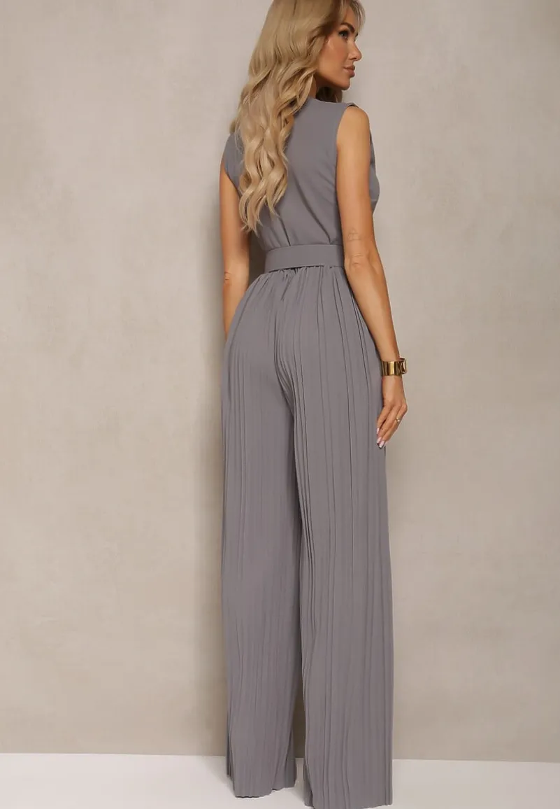 Szary Kombinezon z Trójkątnym Dekoltem i Szerokimi Plisowanymi Nogawkami z Paskiem Moncilla