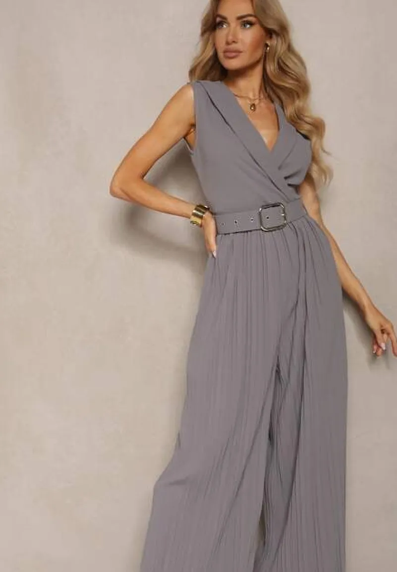 Szary Kombinezon z Trójkątnym Dekoltem i Szerokimi Plisowanymi Nogawkami z Paskiem Moncilla