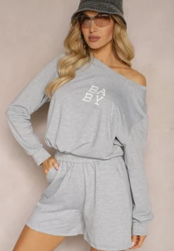 Szary Komplet Dresowy 2-Częściowy Bluza Krótsza i Luźne Spodenki Szorty Frania