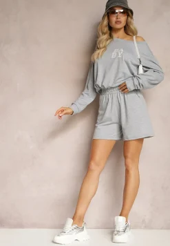 Szary Komplet Dresowy 2-Częściowy Bluza Krótsza i Luźne Spodenki Szorty Frania