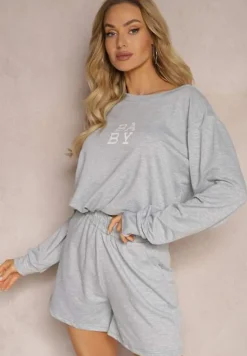 Szary Komplet Dresowy 2-Częściowy Bluza Krótsza i Luźne Spodenki Szorty Frania