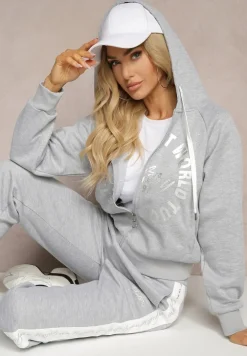 Szary Komplet Dresowy Spodnie Ozdobione Napisami Bluza na Suwak z Kapturem Semiraella