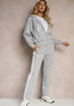 Szary Komplet Dresowy Spodnie Ozdobione Napisami Bluza na Suwak z Kapturem Semiraella