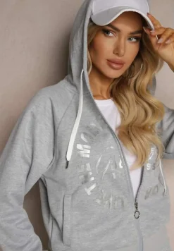 Szary Komplet Dresowy Spodnie Ozdobione Napisami Bluza na Suwak z Kapturem Semiraella