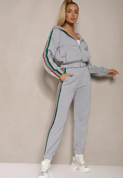 Szary Komplet Dresowy z Kolorowym Lampasem Bluza z Kapturem i Spodnie Joggery Nevarielles