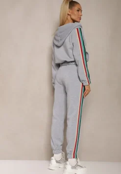 Szary Komplet Dresowy z Kolorowym Lampasem Bluza z Kapturem i Spodnie Joggery Nevarielles