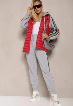 Szary Komplet Dresowy z Kolorowym Lampasem Bluza z Kapturem i Spodnie Joggery Nevarielles