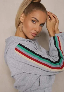 Szary Komplet Dresowy z Kolorowym Lampasem Bluza z Kapturem i Spodnie Joggery Nevarielles