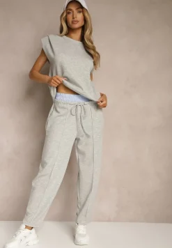 Szary Komplet Dresowy z Wiskozą Spodnie z Ozdobnym Ściągaczem i Top Nitunela