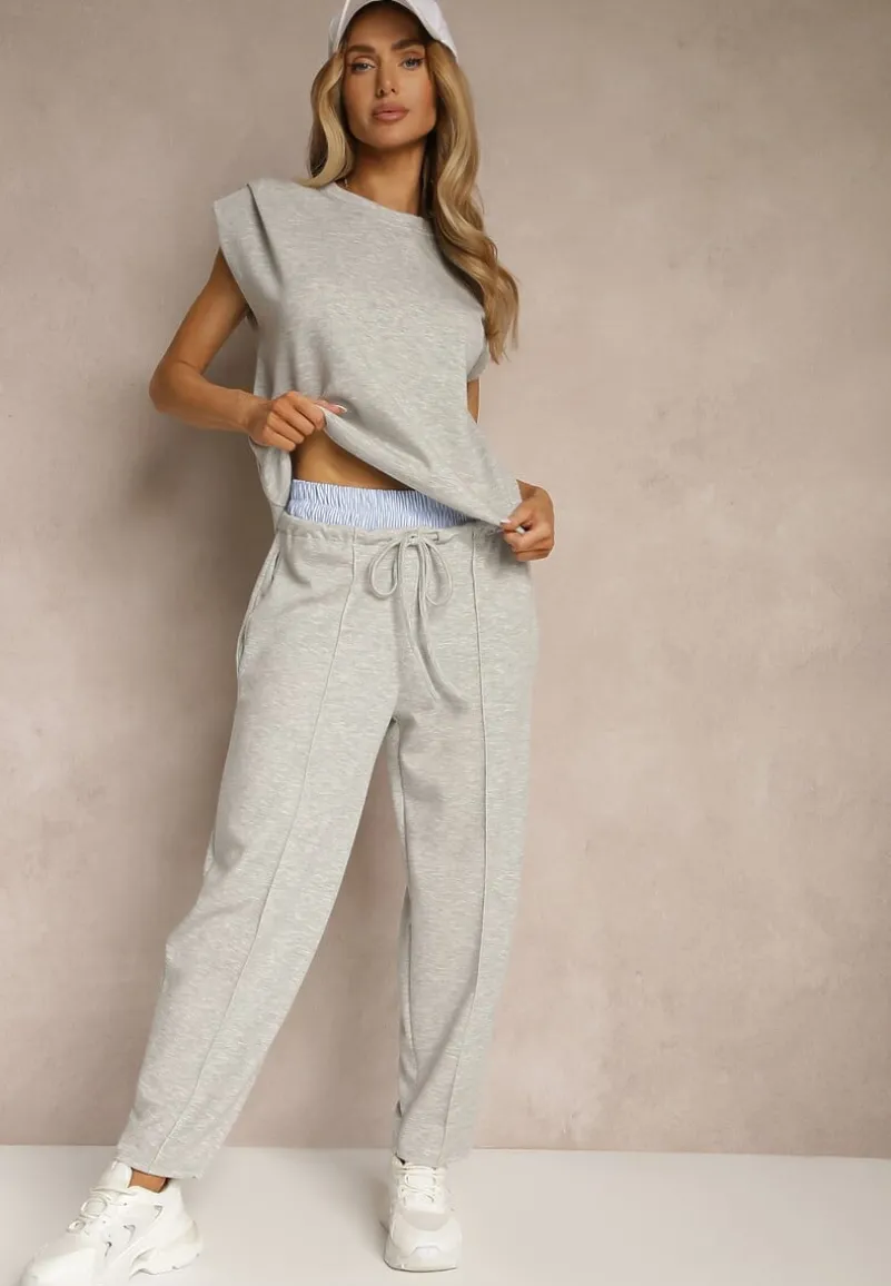 Szary Komplet Dresowy z Wiskozą Spodnie z Ozdobnym Ściągaczem i Top Nitunela