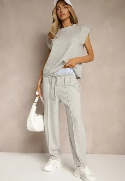 Szary Komplet Dresowy z Wiskozą Spodnie z Ozdobnym Ściągaczem i Top Nitunela