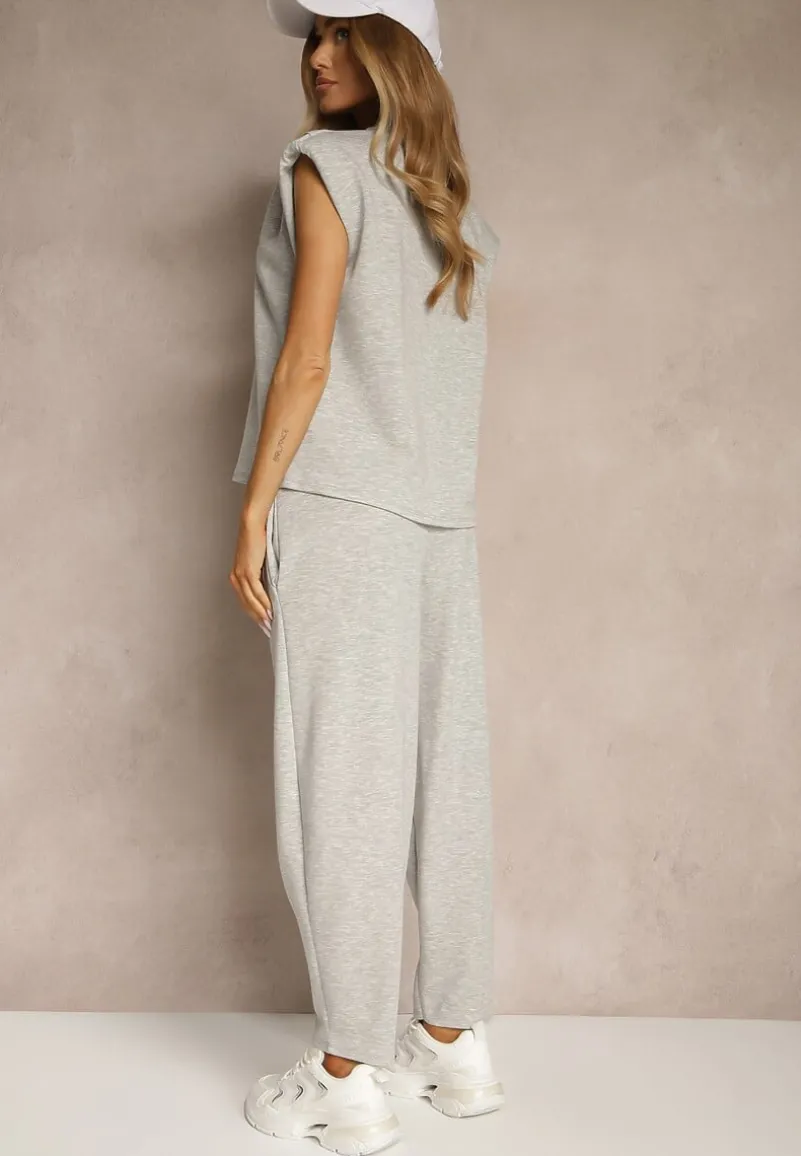 Szary Komplet Dresowy z Wiskozą Spodnie z Ozdobnym Ściągaczem i Top Nitunela