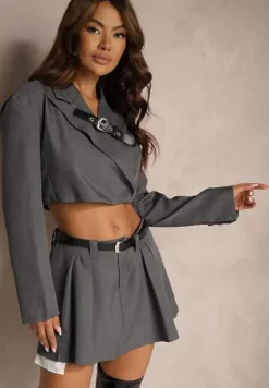 Szary Komplet Garniturowy Spódnico-Spodenki i Marynarka Typu Crop z Paskiem Sarivia