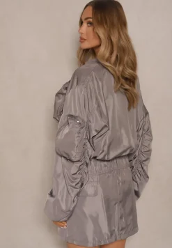 Szary Komplet Kurtka Bomberka z Marszczeniem na Rękawach Spódnica Ozdobiona Kieszeniami Dlisera