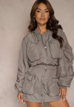 Szary Komplet Kurtka Bomberka z Marszczeniem na Rękawach Spódnica Ozdobiona Kieszeniami Dlisera