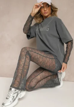 Szary Komplet z Bawełny Spodnie z Koronki i Bluzka z Koronkowymi Rękawami Galaniera