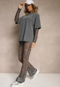 Szary Komplet z Bawełny Spodnie z Koronki i Bluzka z Koronkowymi Rękawami Galaniera