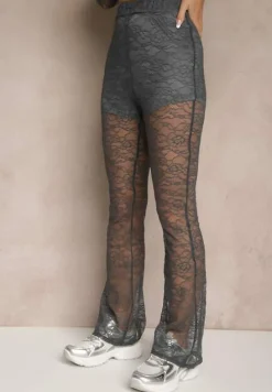 Szary Komplet z Bawełny Spodnie z Koronki i Bluzka z Koronkowymi Rękawami Galaniera