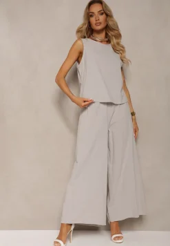 Szary Komplet z Bawełny Spodnie Culottes i Luźny Top Tinelia