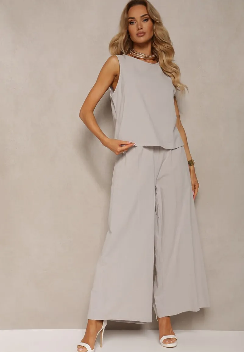 Szary Komplet z Bawełny Spodnie Culottes i Luźny Top Tinelia