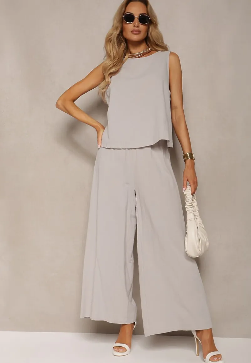 Szary Komplet z Bawełny Spodnie Culottes i Luźny Top Tinelia