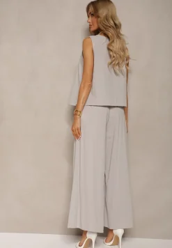 Szary Komplet z Bawełny Spodnie Culottes i Luźny Top Tinelia