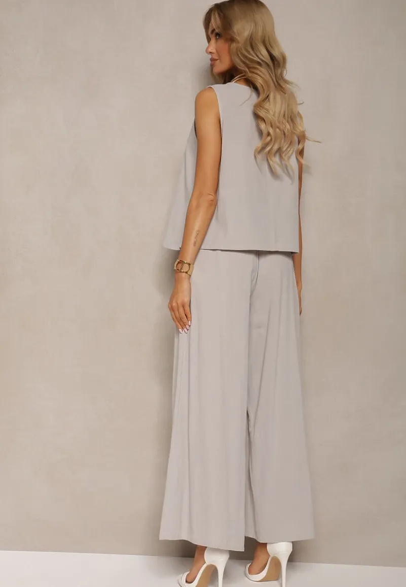 Szary Komplet z Bawełny Spodnie Culottes i Luźny Top Tinelia