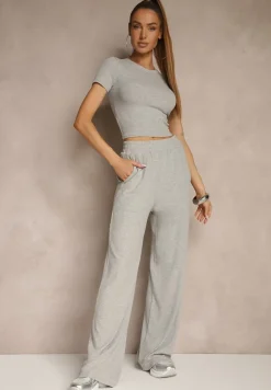 Szary Komplet z Bawełny T-shirt Typu Crop Top i Spodnie Wide Leg Nelisandra