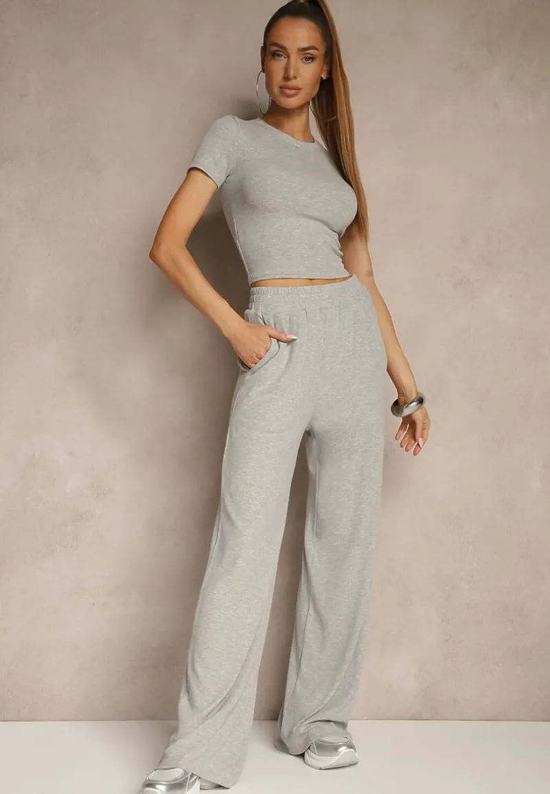 Szary Komplet z Bawełny T-shirt Typu Crop Top i Spodnie Wide Leg Nelisandra