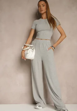 Szary Komplet z Bawełny T-shirt Typu Crop Top i Spodnie Wide Leg Nelisandra