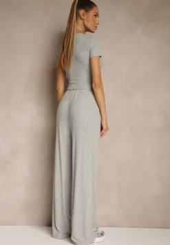 Szary Komplet z Bawełny T-shirt Typu Crop Top i Spodnie Wide Leg Nelisandra