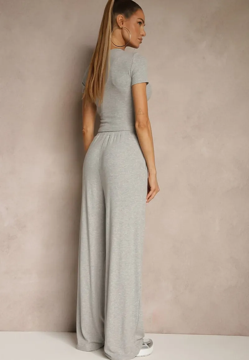 Szary Komplet z Bawełny T-shirt Typu Crop Top i Spodnie Wide Leg Nelisandra