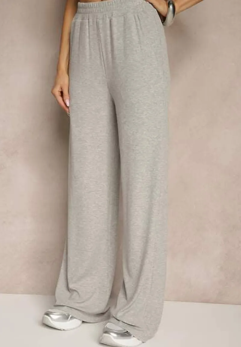 Szary Komplet z Bawełny T-shirt Typu Crop Top i Spodnie Wide Leg Nelisandra