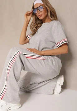 Szary Komplet z Wiskozą Bluzka Ozdobiona Paskami i Szerokie Spodnie Nilassea