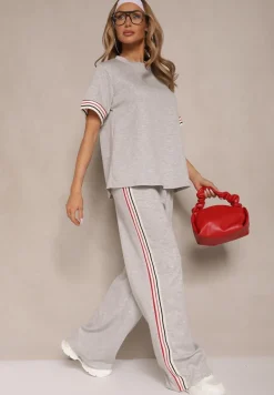 Szary Komplet z Wiskozą Bluzka Ozdobiona Paskami i Szerokie Spodnie Nilassea