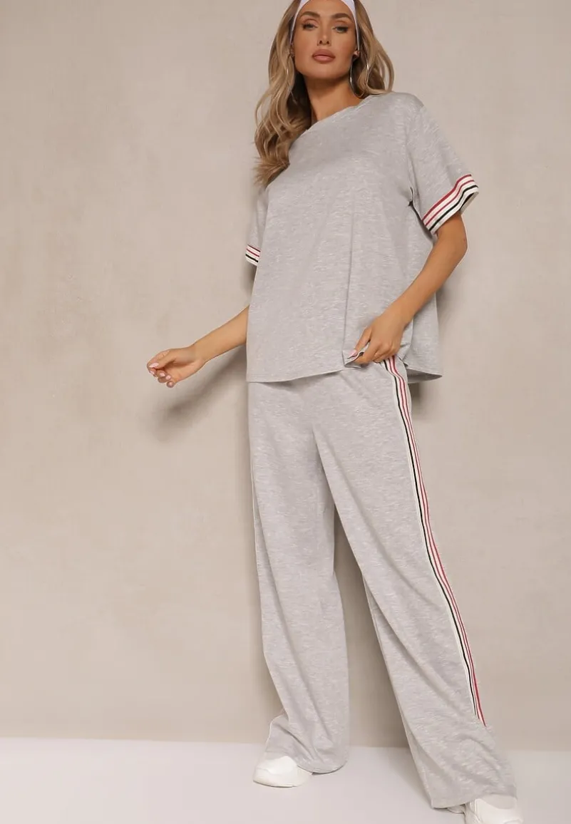 Szary Komplet z Wiskozą Bluzka Ozdobiona Paskami i Szerokie Spodnie Nilassea