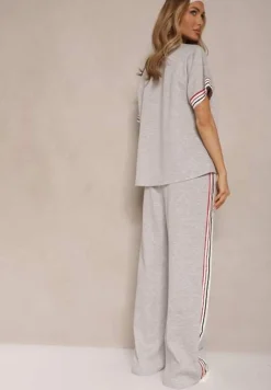 Szary Komplet z Wiskozą Bluzka Ozdobiona Paskami i Szerokie Spodnie Nilassea