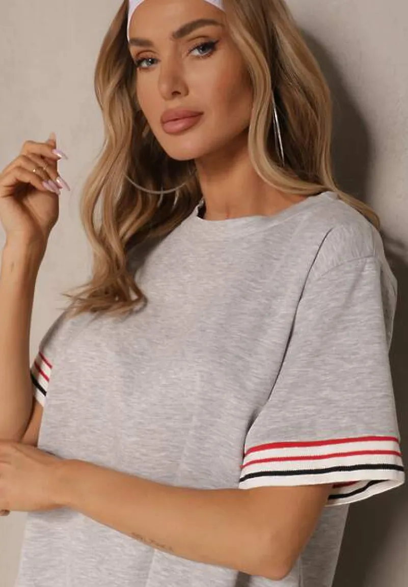 Szary Komplet z Wiskozą Bluzka Ozdobiona Paskami i Szerokie Spodnie Nilassea