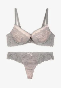 Szary Koronkowy Komplet Bielizny Biustonosz Usztywniony Push Up i Stringi Jasminesa
